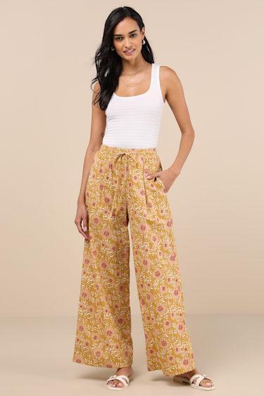 Dido Mustard Yellow Multi Floral Wide-Leg Pants Product Image