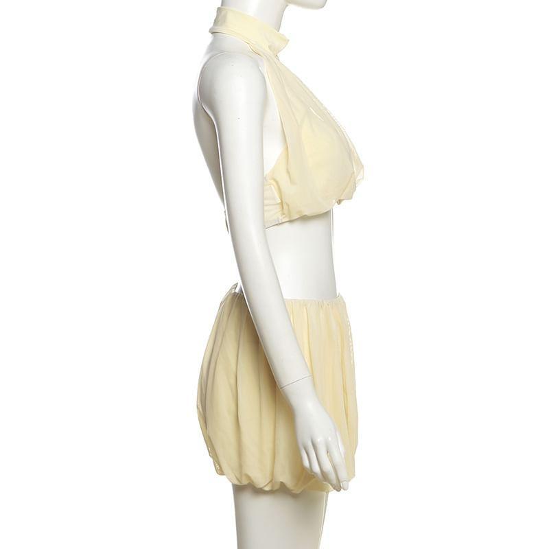Set: Halter Mock Neck Plain Crop Top + Elastic Waist Mini Balloon Skirt Product Image