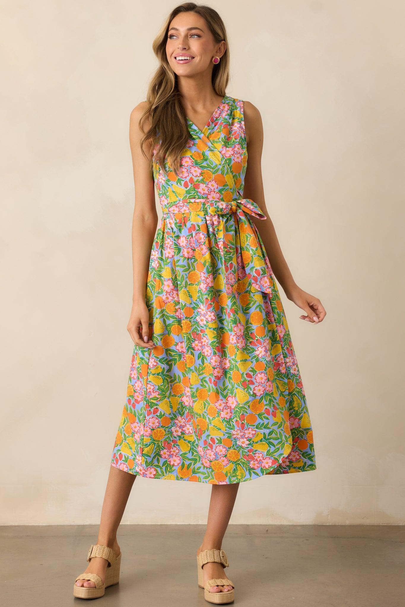 Citrus Bloom Sky Blue Multi Print Midi Wrap Dress Product Image