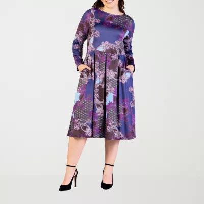 24seven Comfort Apparel Womens Long Sleeve Paisley Midi Fit + Flare Dress Plus Product Image