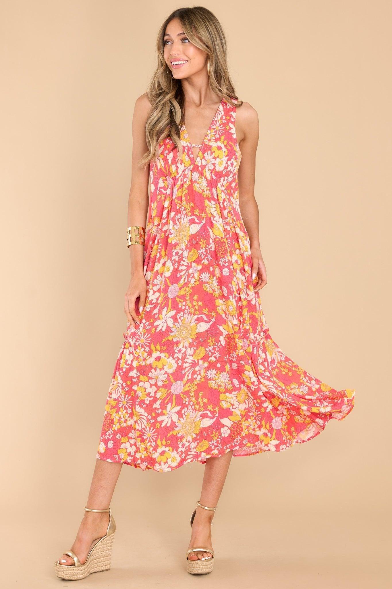 Float To You Red Floral Print Midi Dress Product Image