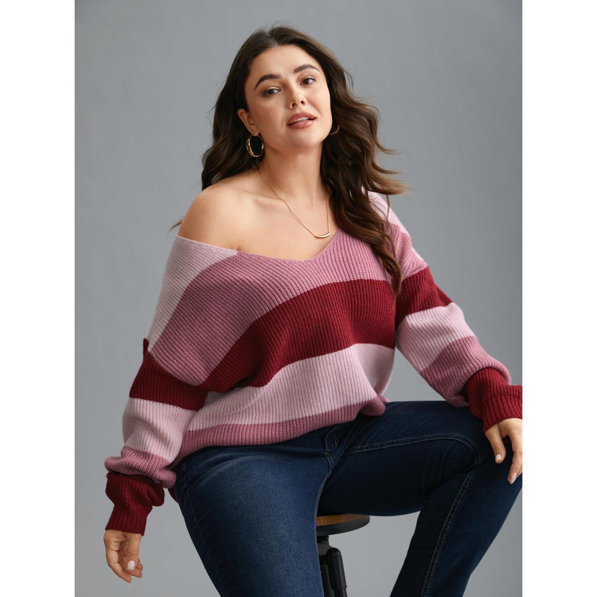 Plus Size Supersoft Essentials Color Block Drop Shoulder Pullover RedViolet Women Casual Loose Long Sleeve V-neck Everyday Pullovers BloomChic 18-20/2X Product Image