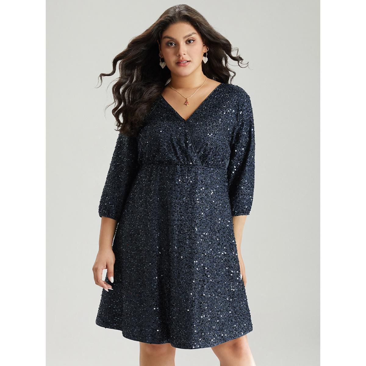 Plus Size Sequin Overlap Collar Elastic Waist Knee Dress DarkBlue Women Cocktail Wrap Overlap Collar Elbow-length sleeve Curvy Knee Dress BloomChic 26/4X Product Image