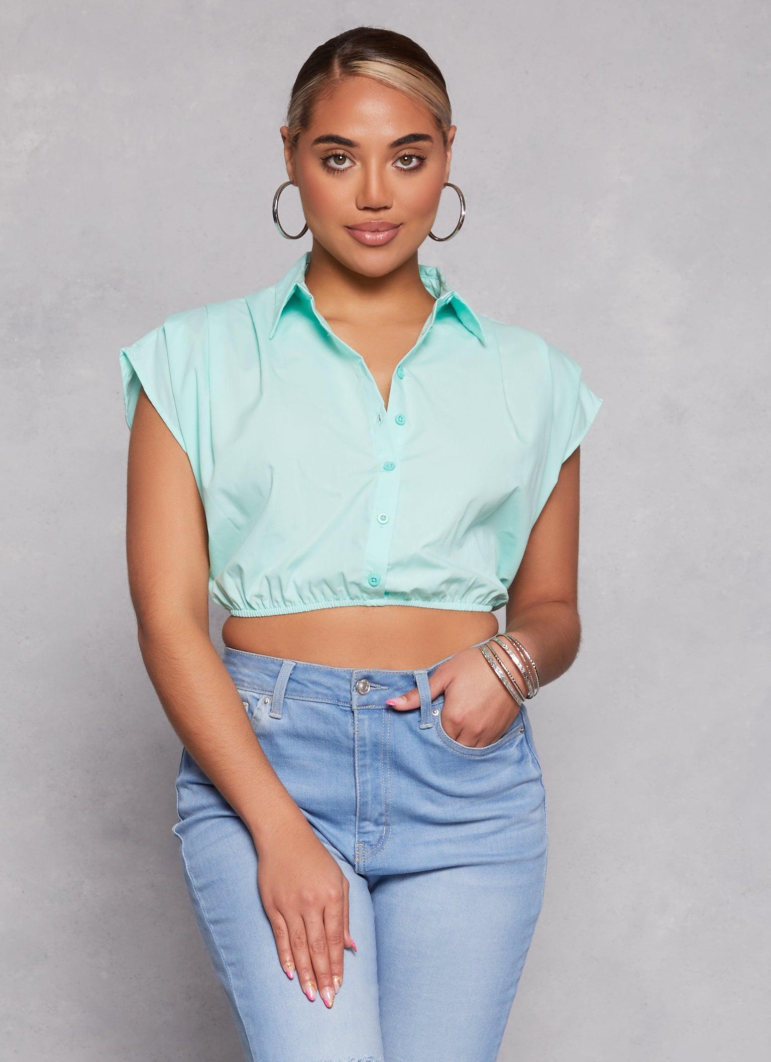 Womens Poplin Cap Sleeve Cropped Shirt Product Image