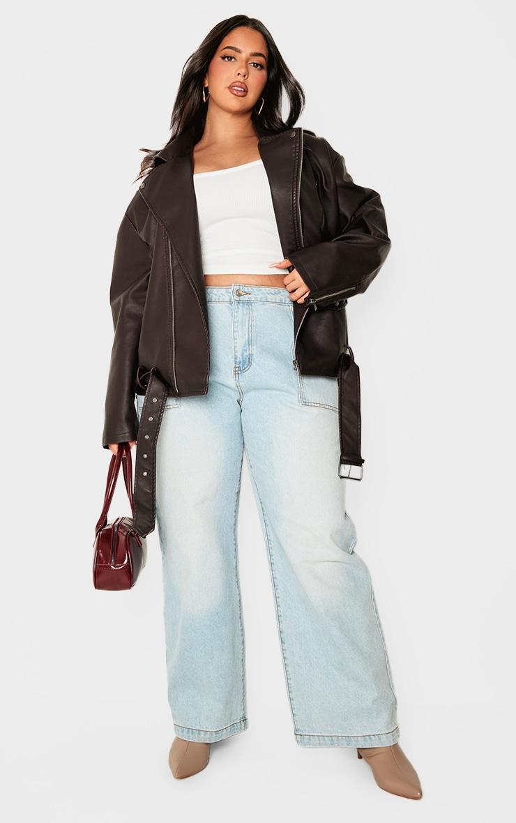 Plus Chocolate Distressed Look Faux Leather Longline Biker Jacket Product Image