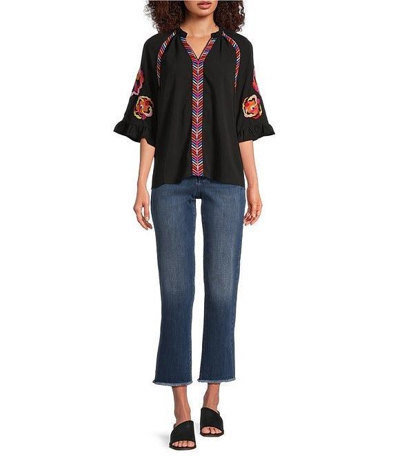 Calessa Petite Size Embroidered Patchwork Ruffle Split V-Neck 3/4 Sleeve Tunic Product Image