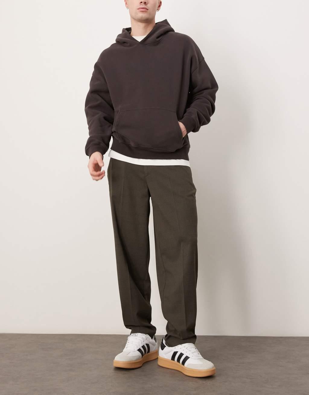 ASOS DESIGN smart oversized tapered pants in brown check with elasticated waist Product Image