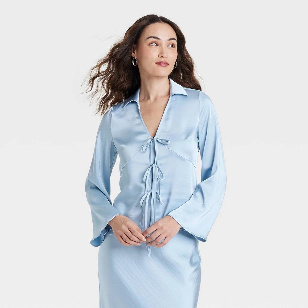 Womens Long Sleeve Satin Tie Blouse - A New Day Light Blue XL Product Image