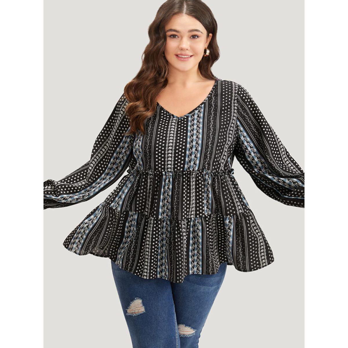 Plus Size BlackFlower Boho Print Frill Trim Ruffle Layered Hem Blouse Women Vacation Long Sleeve V-neck Vacation Blouses BloomChic 22-24/3X Product Image