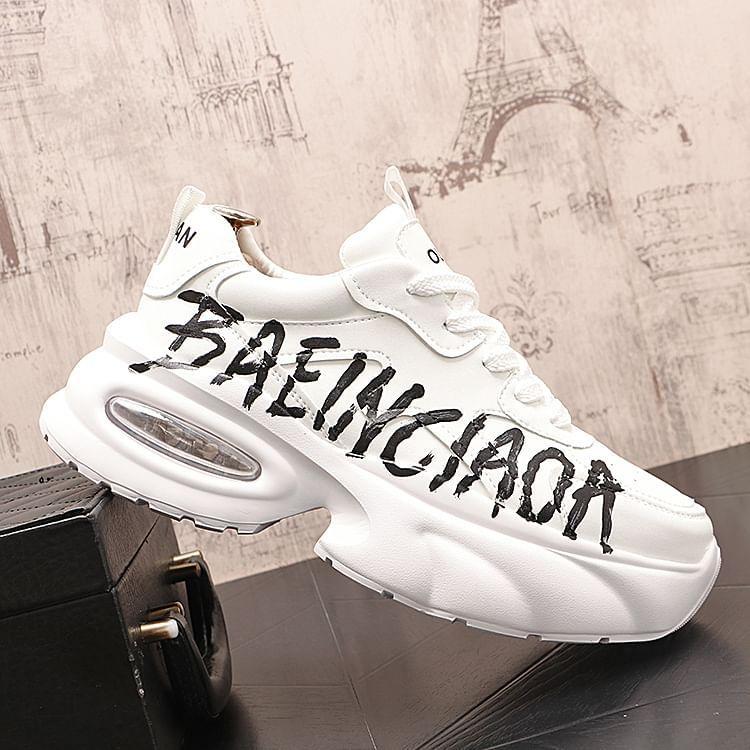 Hidden Wedge Lettering Print Lace-Up Faux Leather Sneakers Product Image