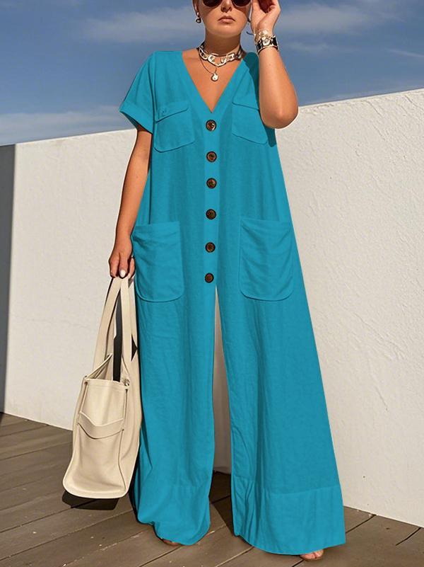 Loose Short Sleeves Buttoned Pockets Solid Color V-Neck Jumpsuits Product Image