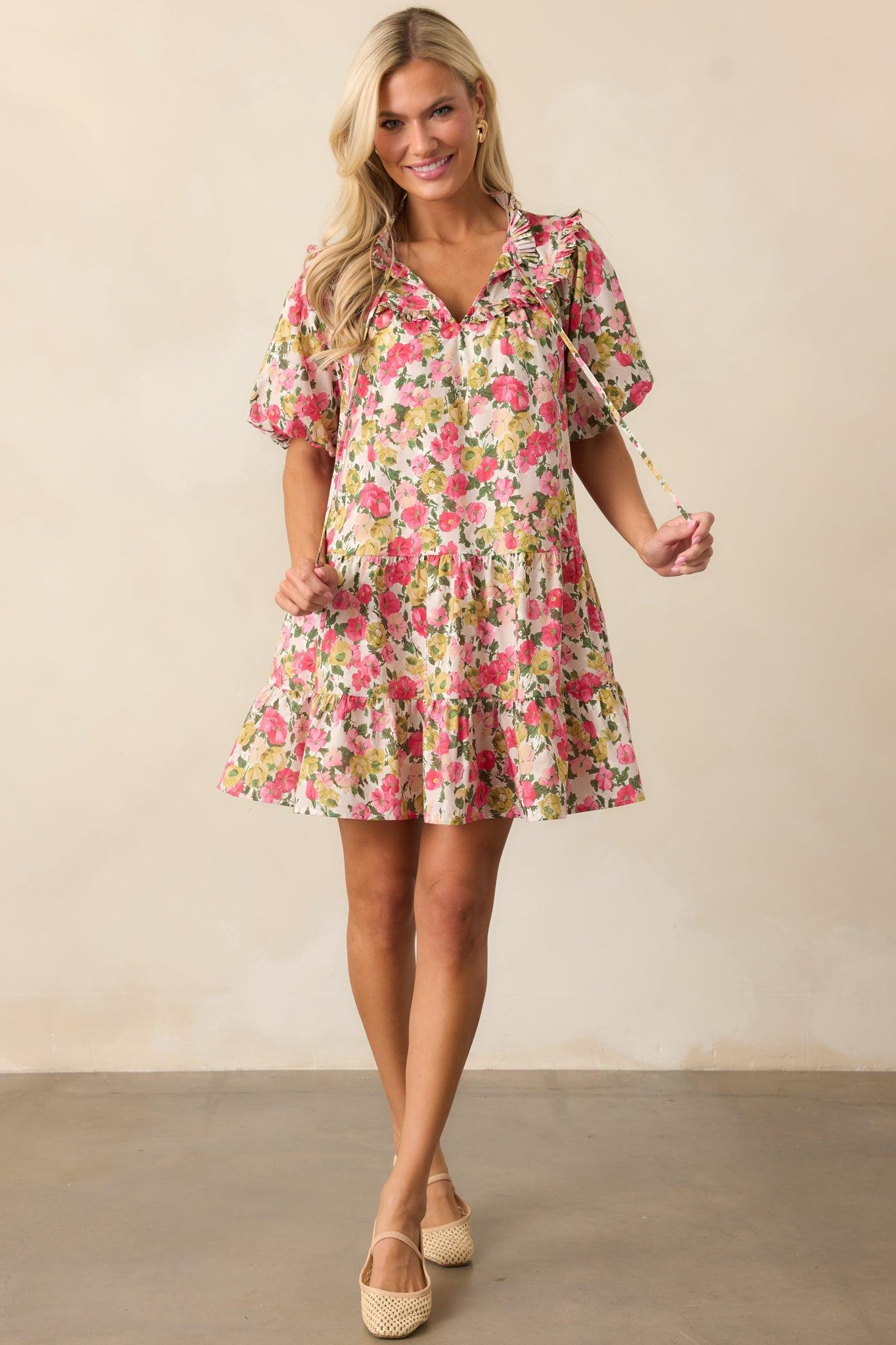 Botanical Garden Date Cotton Pink Puff Sleeve Mini Dress Product Image