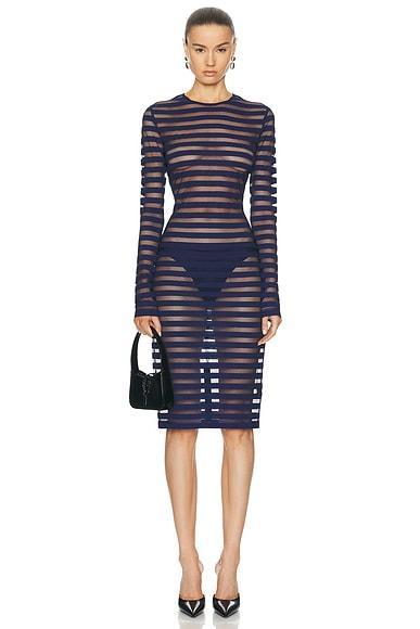 NORMA KAMALI Semi-sheer Striped Long-sleeve Dress In True Navy Product Image