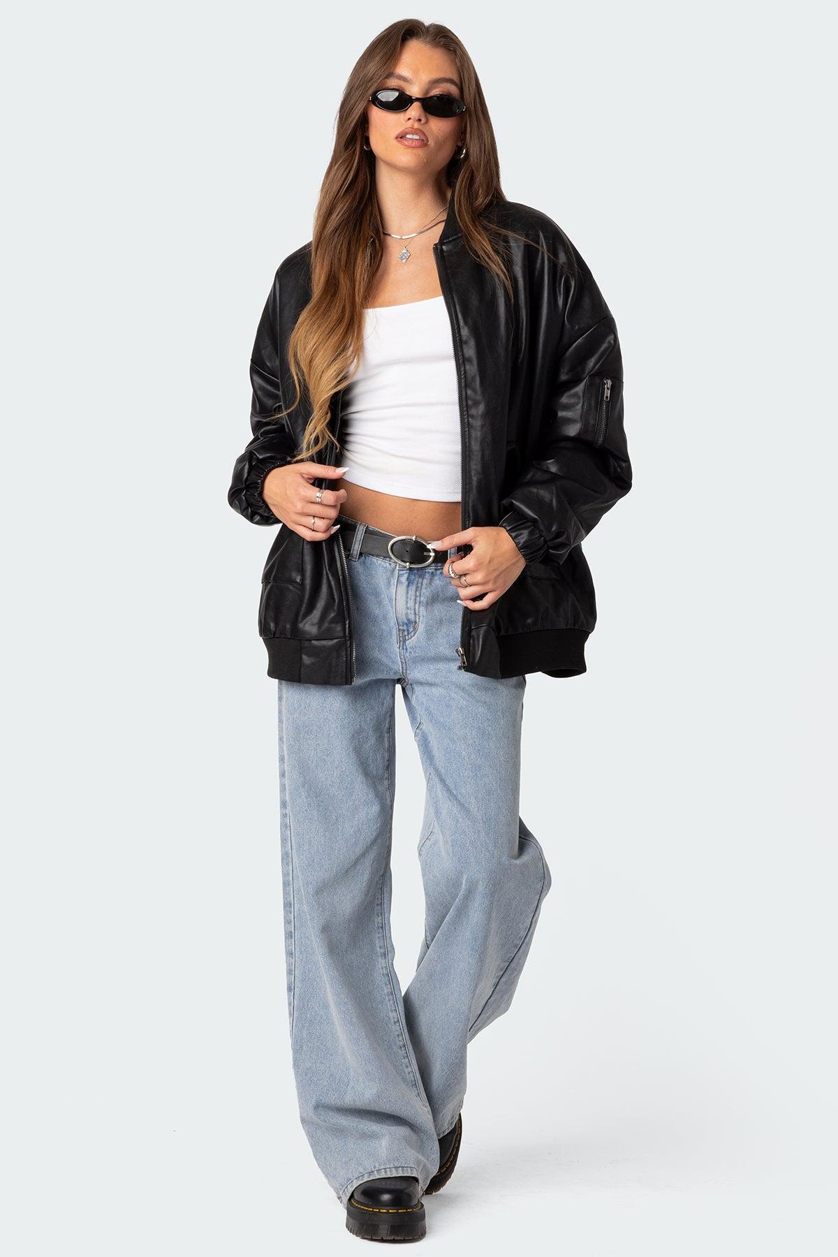 Faux Leather Oversized Bomber Jacket Product Image