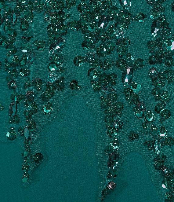 Terani Couture Cascade Beaded Boat Neck Feather Cuff Sleeve Belted A-Line Gown Product Image