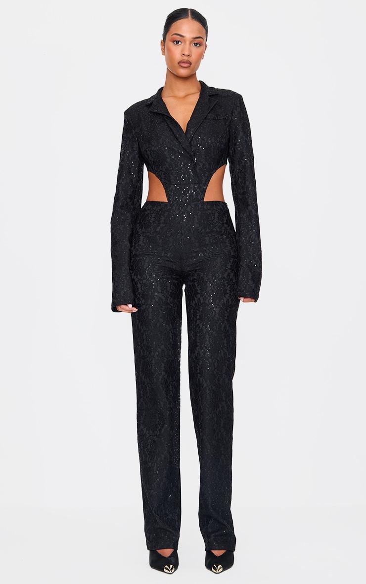 Tall Black Sequin Lace Bodysuit Blazer Jacket Product Image