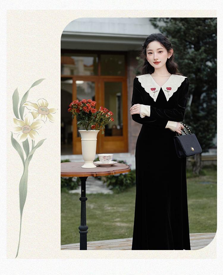 Long-Sleeve Peter Pan Collar Floral Embroidered Velvet Maxi Mermaid Dress Product Image