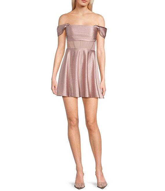 Honey and Rosie Glitter Knit Strapless Off-The-Shoulder Pleated Bodice Mesh Illusion Corset Dress Product Image