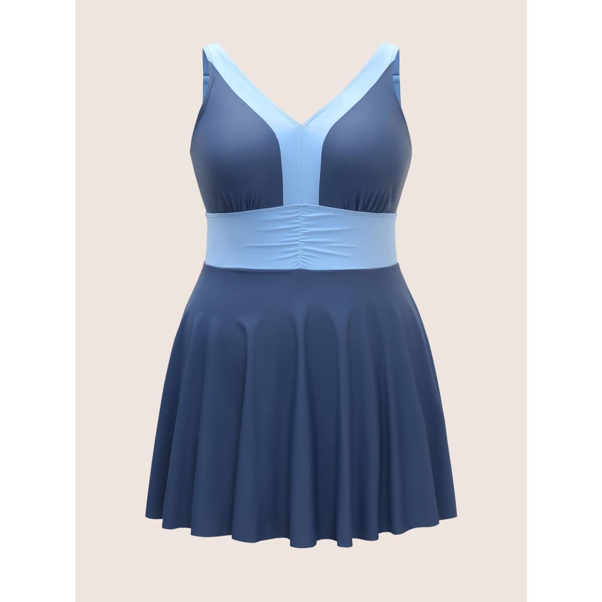 Plus Size Two Tone Patchwork Gathered Swim Dress Women's Swimwear Aegean Beach Bodycon V-neck High stretch Curve Swim Dresses BloomChic 14-16/1X Product Image