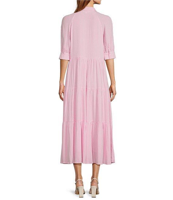 A Loves A Pinstripe Print Button Point Collar 3/4 Blouson Cuff Sleeve Tiered Waistless Midi Shirt Dress Product Image