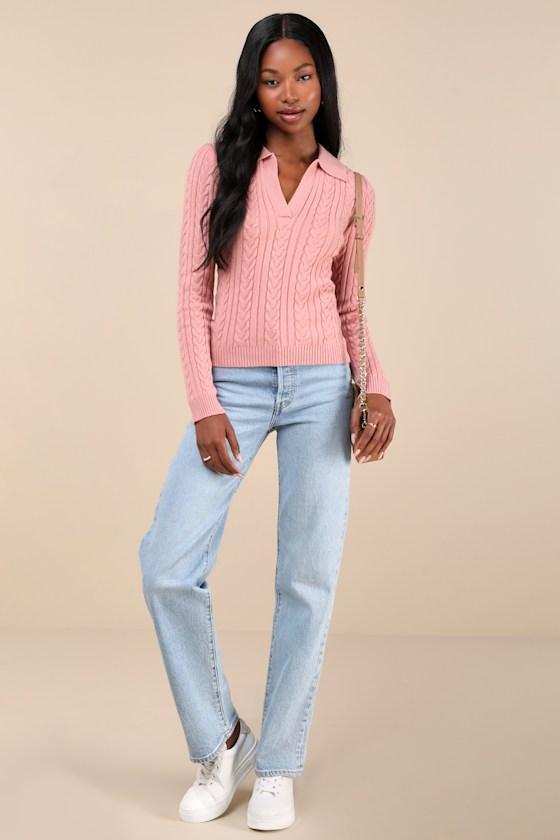 Seasonal Classic Pink Cable Knit Collared Sweater Top Product Image