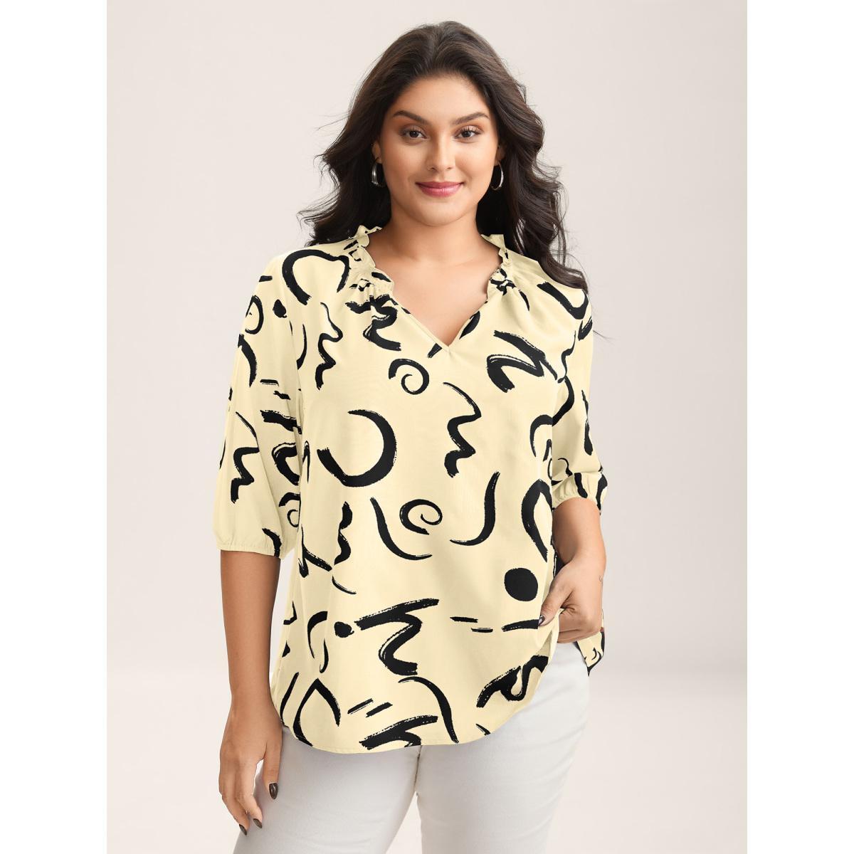Plus Size Beige Scribble Print Ruffled Split Neck Blouse Women Office Elbow-length sleeve Notched collar Office Blouses BloomChic 22-24/3X Product Image