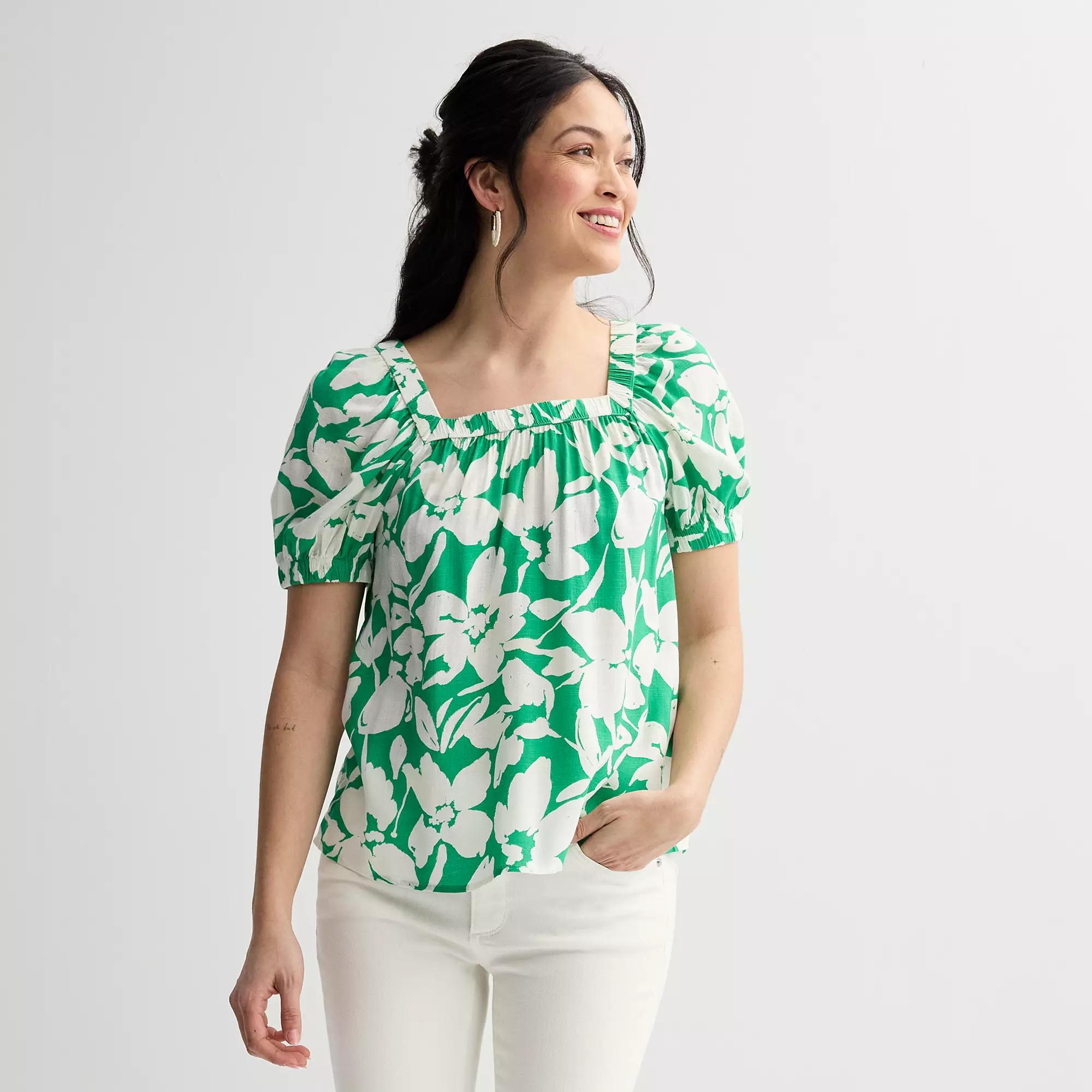 Women's Sonoma Goods For Life® Squareneck Peasant Top, Size: XS, Green Paint Floral Product Image