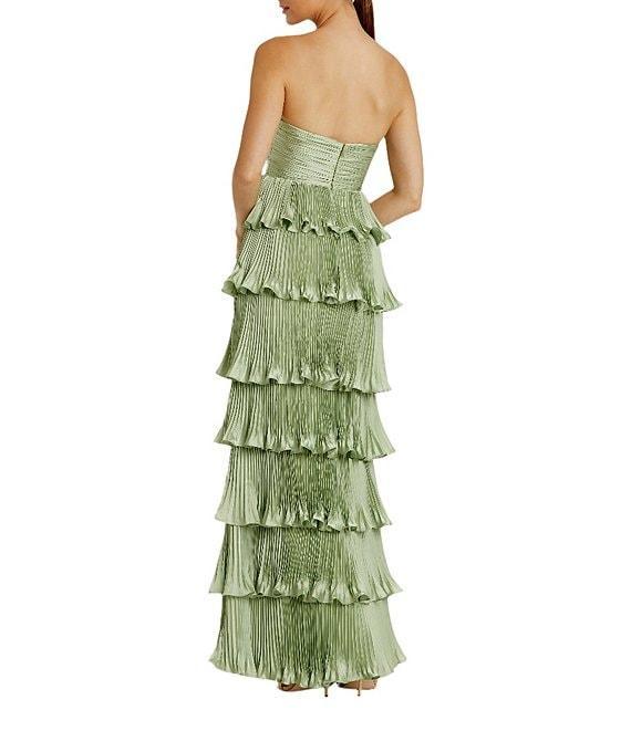 Mac Duggal Pleated Strapless Cut Out Tiered Ruffle Charmeuse Satin Column Gown Product Image
