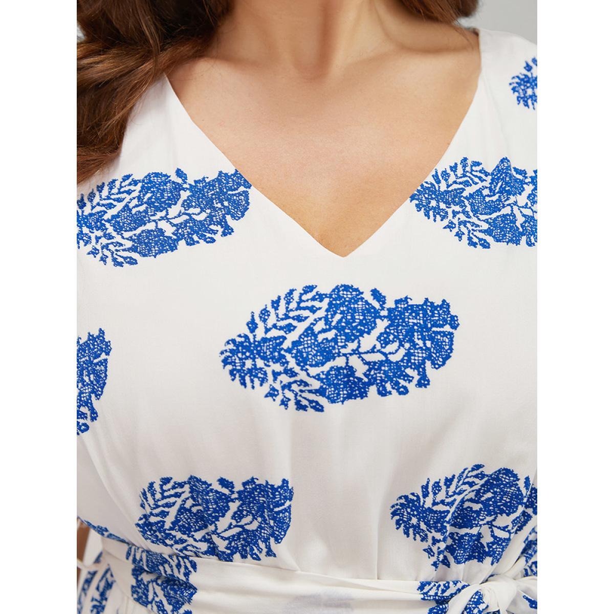 Plus Size Floral Print Pocket Belted Ruffle Hem Knee Dress Blue Women Vacation Printed V-neck Short sleeve Curvy Knee Dress BloomChic 22-24/3X Product Image