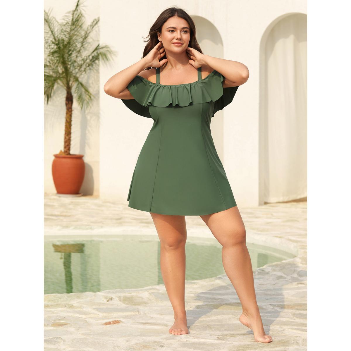Plus Size Ruffled Non-Removable Cups Swim Dress Women's Swimwear ArmyGreen Resort Bodycon One-shoulder neck High stretch Curve Swim Dresses BloomChic 30/6X Product Image