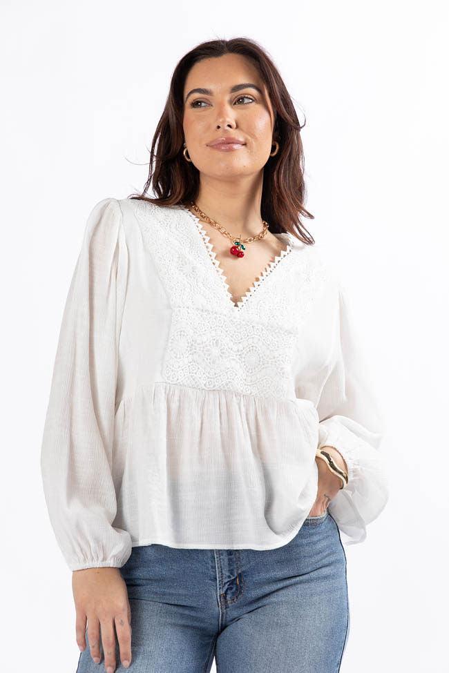 Glistening Lights Ivory Lace Detail Woven Long Sleeve Blouse Product Image