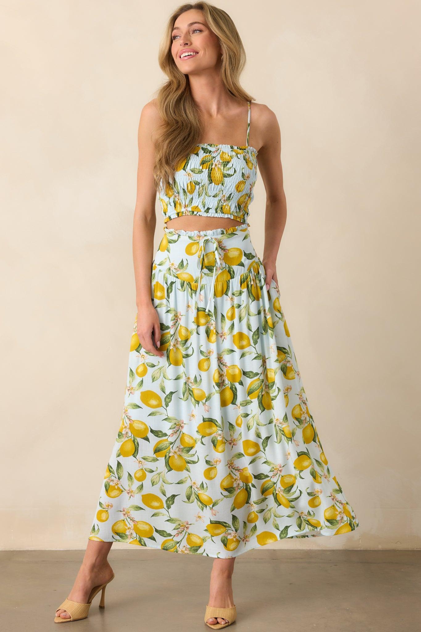 In My Flow Light Blue Lemon Print Drop Waist Maxi Skirt Product Image