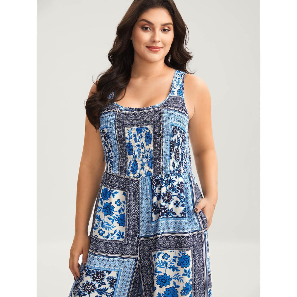 Plus Size DarkBlue Floral Collage Shirred Straight-Leg Jumpsuit Women Sleeveless U-neck Everyday-Casual Loose Jumpsuits BloomChic 14-16/1X Product Image