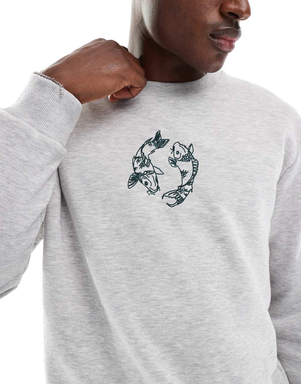 Jack & Jones oversized sweat with carp embroidery in light gray melange Product Image