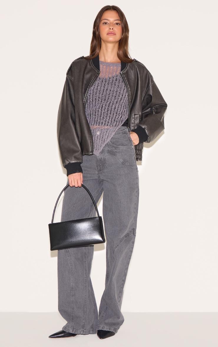 Charcoal Ladder Knit Sheer Asymmetric Hem Top Product Image