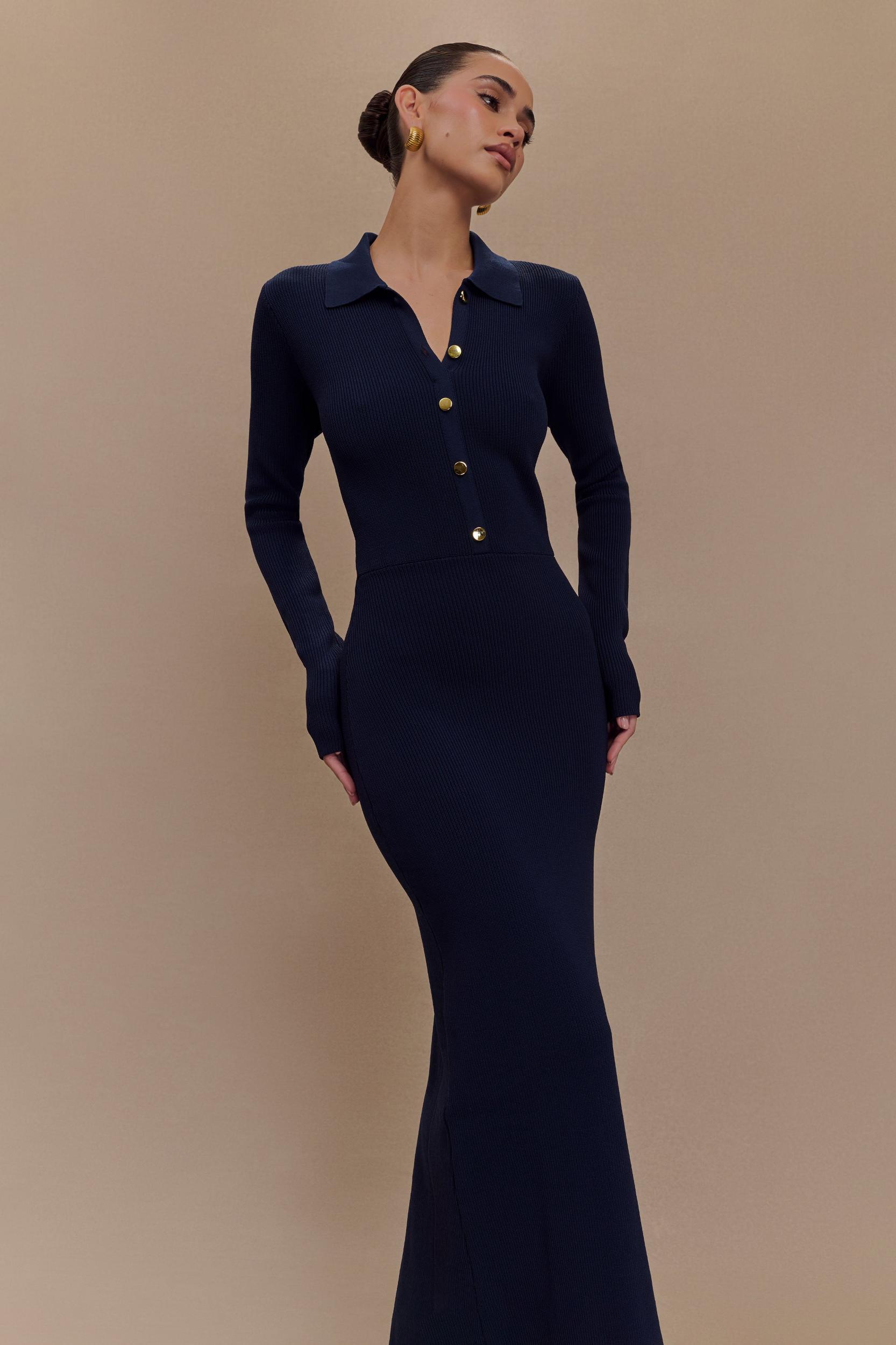 Abbey Buttoned Knit Midi Dress - Navy Product Image