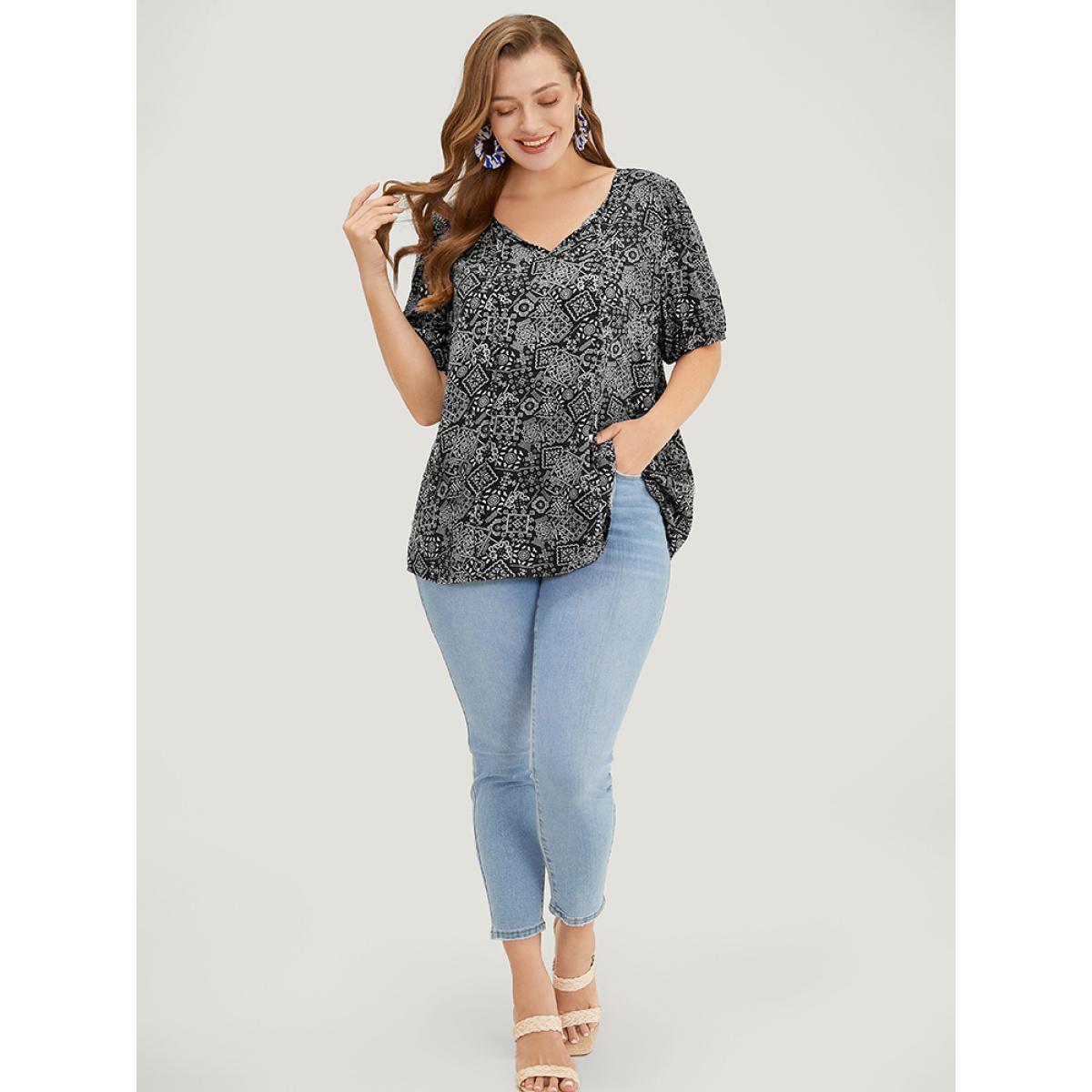 Plus Size Black Moroccan Print Keyhole Tie Neck Blouse Women Vacation Short sleeve V-neck Office Blouses BloomChic 18-20/2X Product Image