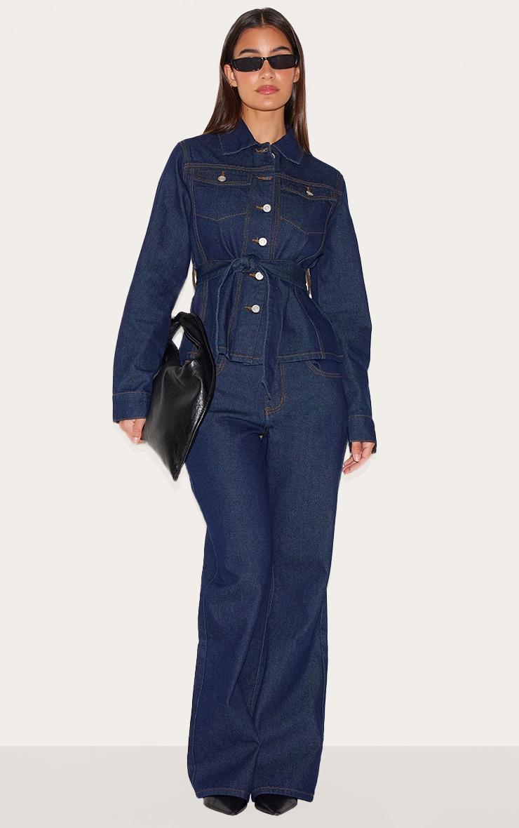  Indigo Contrast Stitch Longline Belted Denim Jacket Product Image