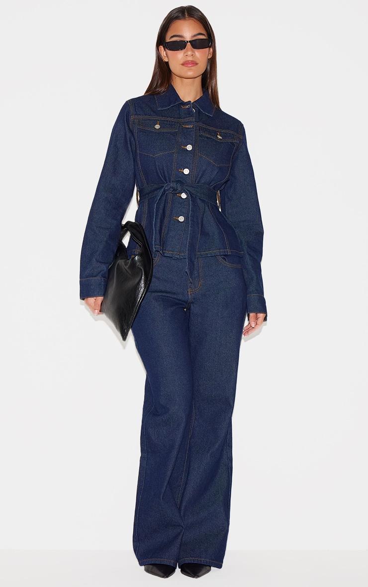  Indigo Contrast Stitch Longline Belted Denim Jacket Product Image