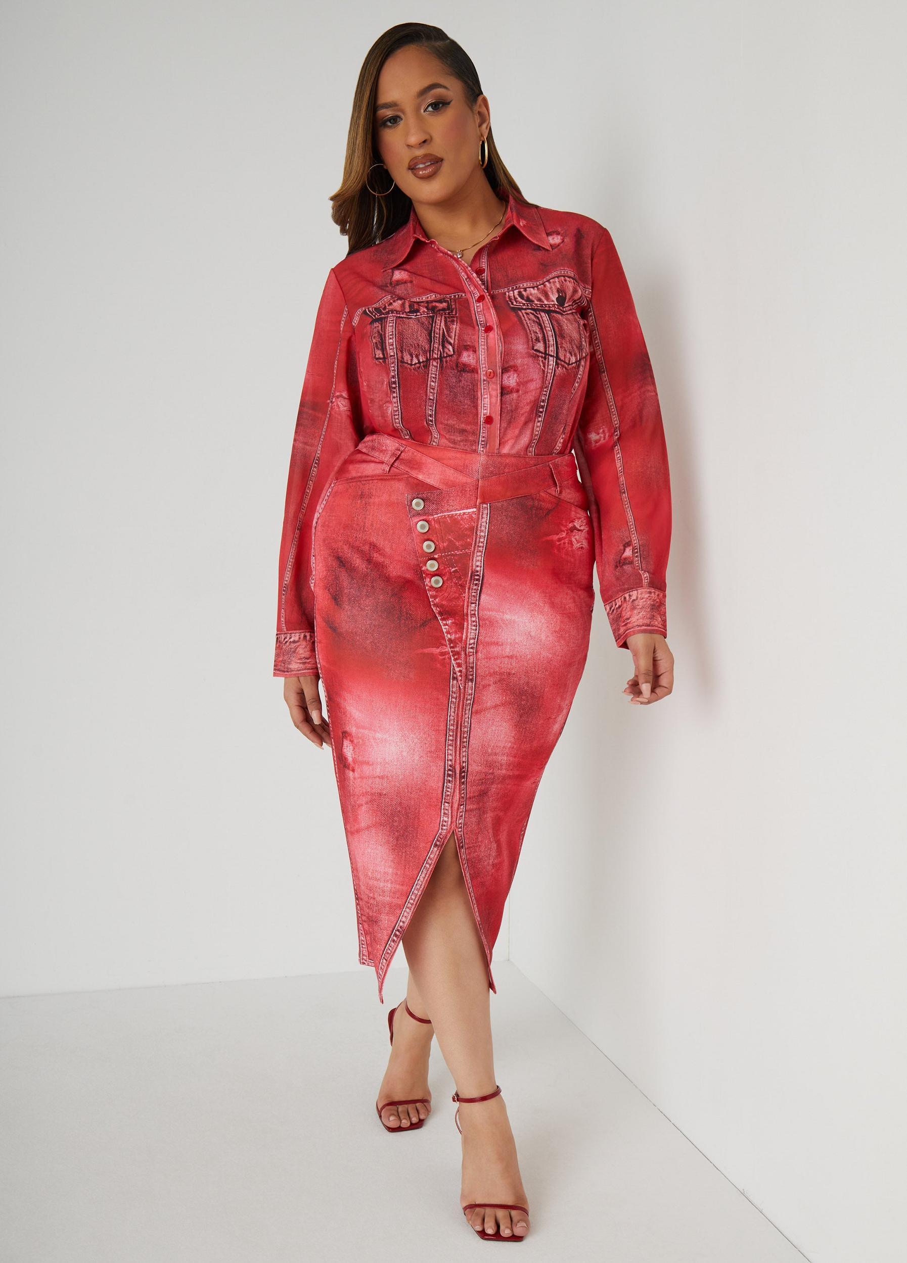 Front Split Denim Print Skirt Product Image