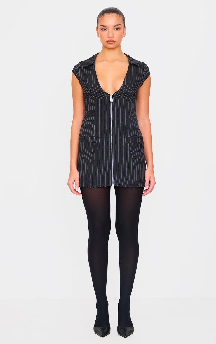  Black Pinstripe Pocket Detail Zip Up Mini Dress Product Image