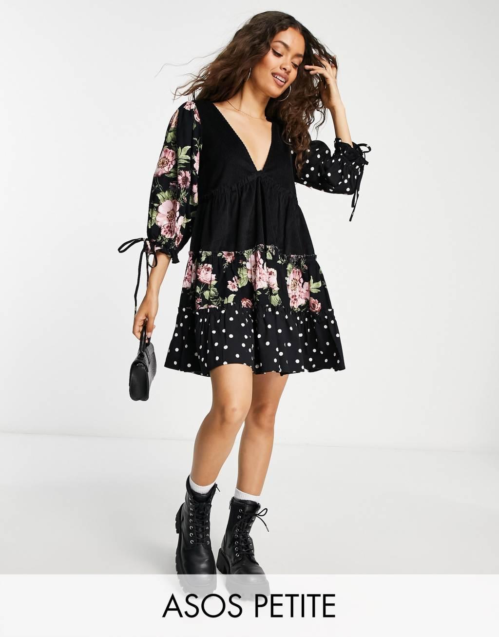 ASOS DESIGN Petite cord and twill mixed print babydoll mini dress-Multi Product Image