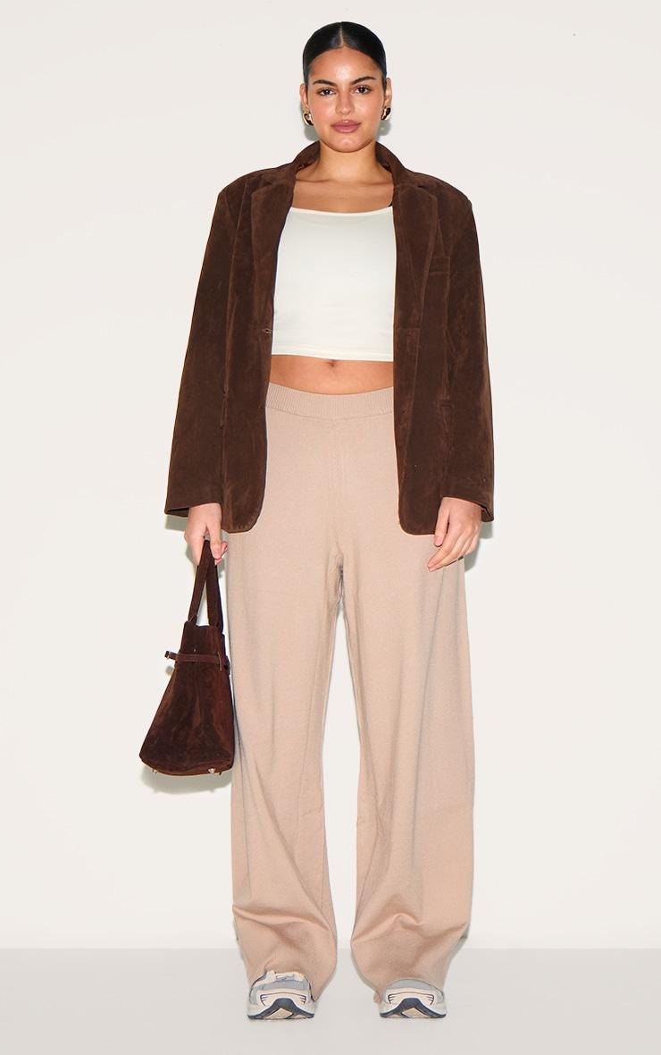 Plus Taupe Basic Knit Wide Leg Pants Product Image