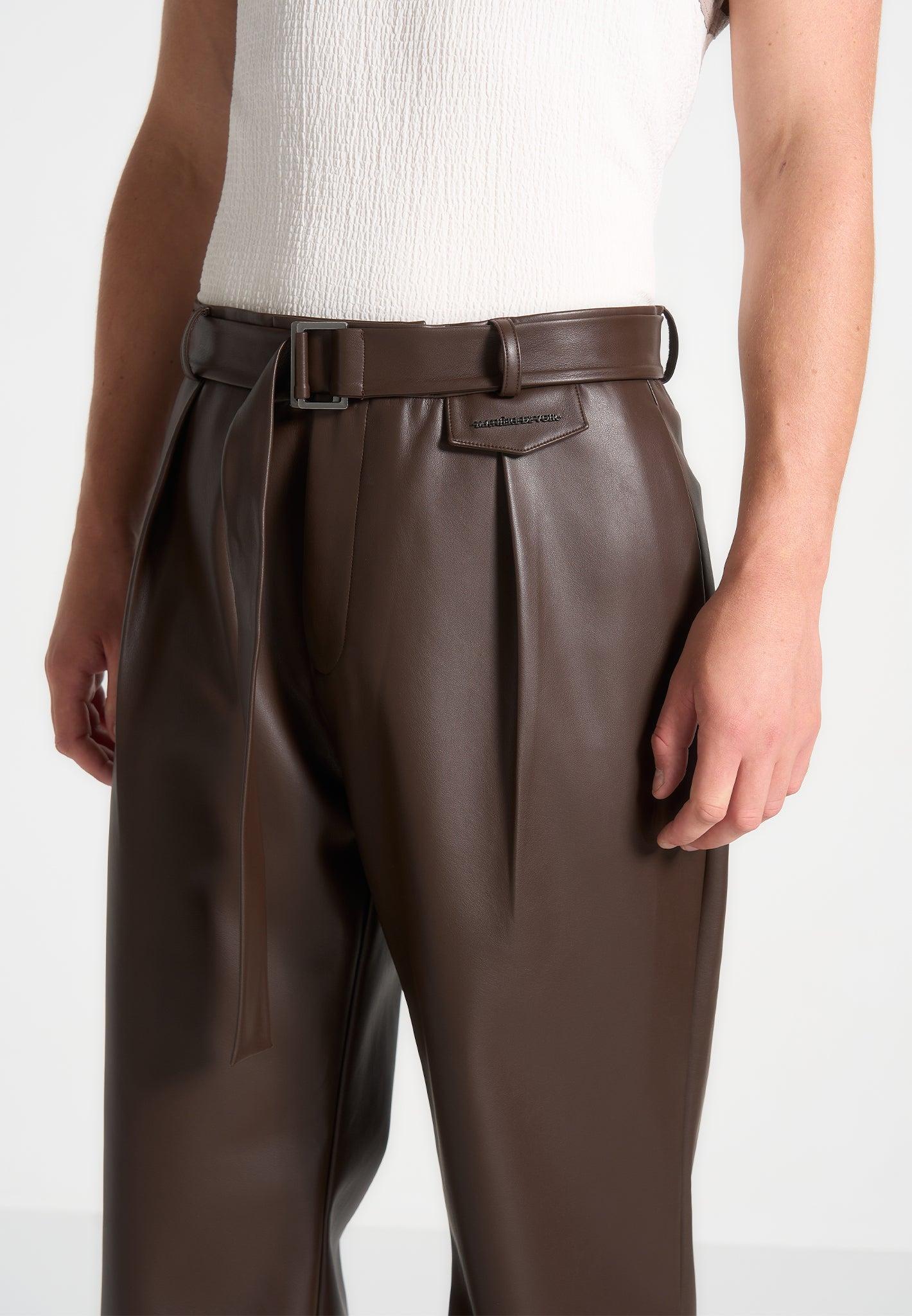 Relaxed Fit Leather Pleated Trouser - Brown Male Product Image