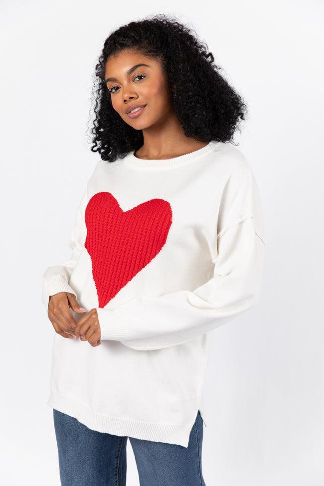 In My Heart Ivory and Red Cable Knit Heart Sweater FINAL SALE Product Image