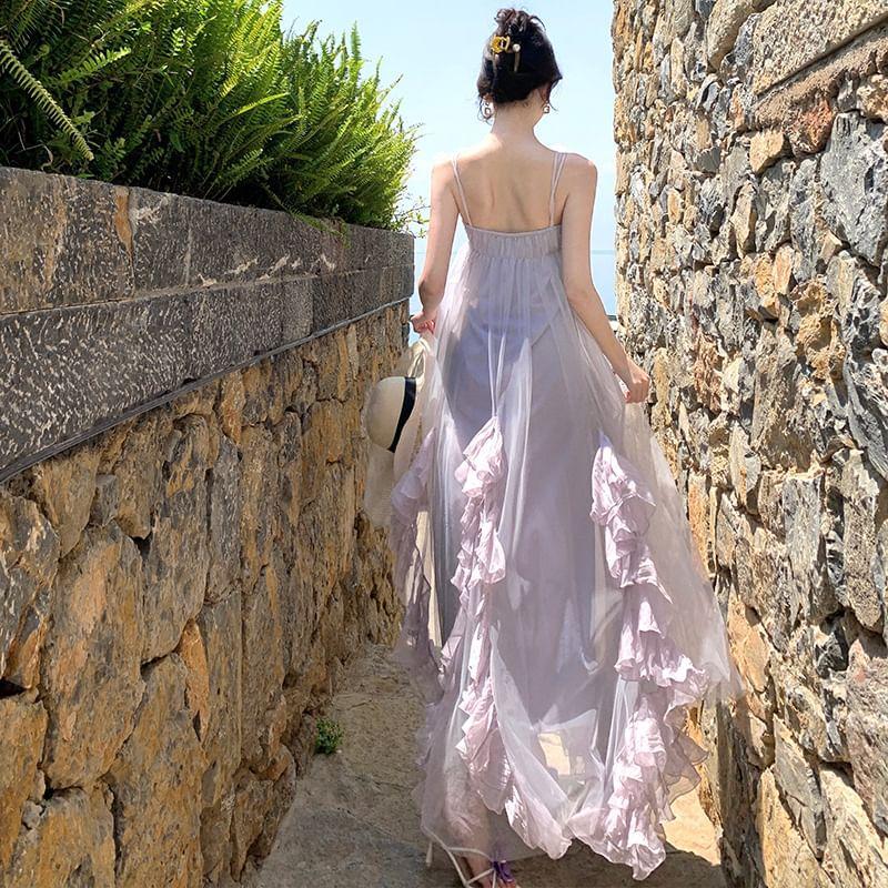 Spaghetti Strap Two-Tone Ruffled Maxi Sundress Product Image