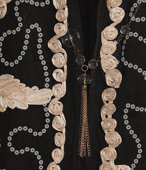 R & M Richards Petite Size 3/4 Sleeve V Neck Embroidered Soutache Sequin Jacket 3-Piece Pant Set Product Image