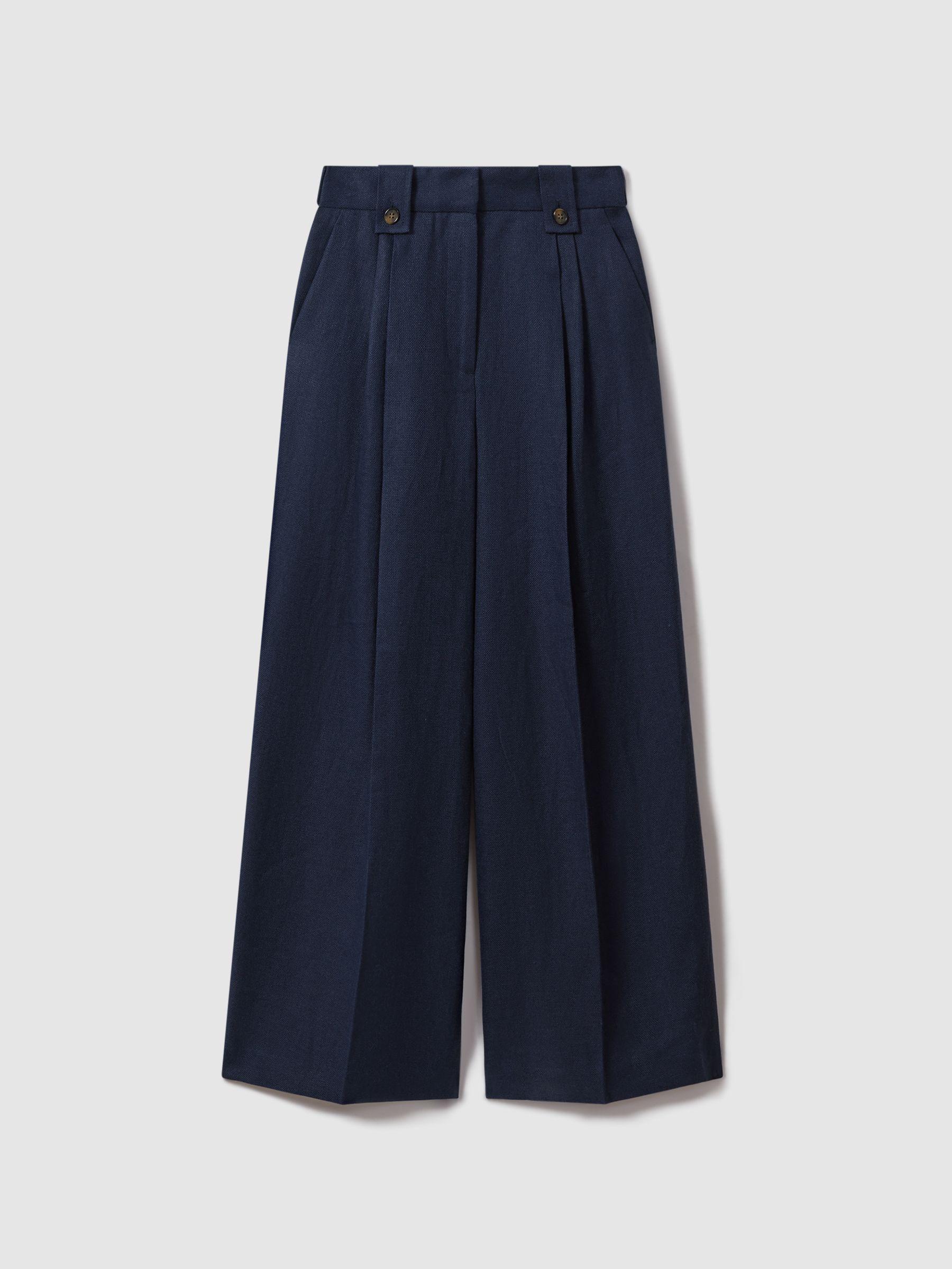 Linen Front Pleat Trousers in Navy Product Image