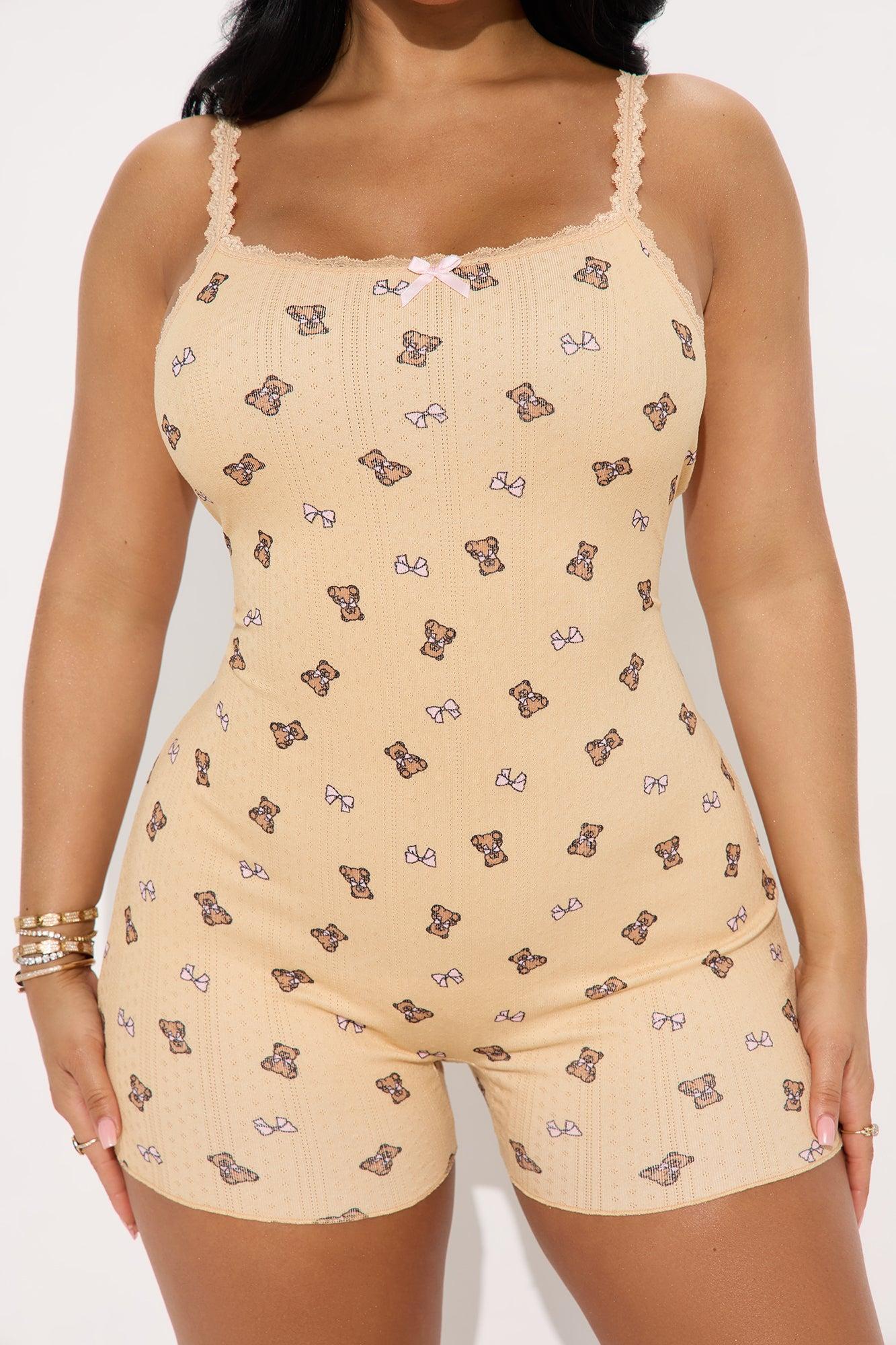 Cuddle Me Teddy Pointelle Cami PJ Romper Onesie - Brown Product Image