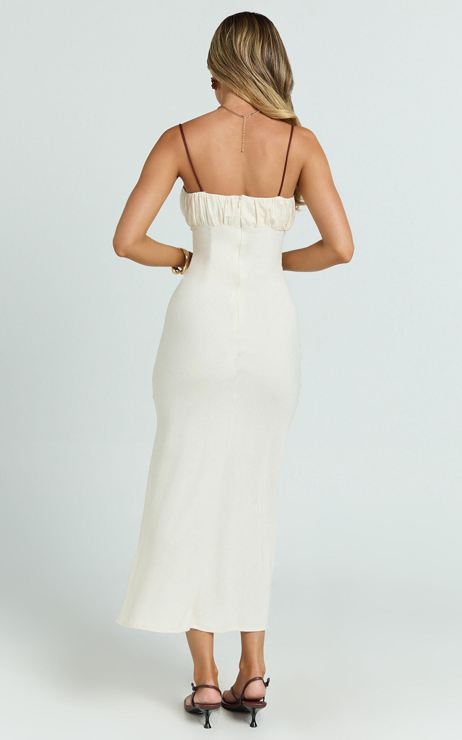 Gwen Midi Linen Blend Dress - Strapped Ruched Bodice Bias Dress in Cream Product Image
